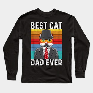 Best Cat Dad Ever Vintage Mustache Retro Sunset Fathers Day Long Sleeve T-Shirt